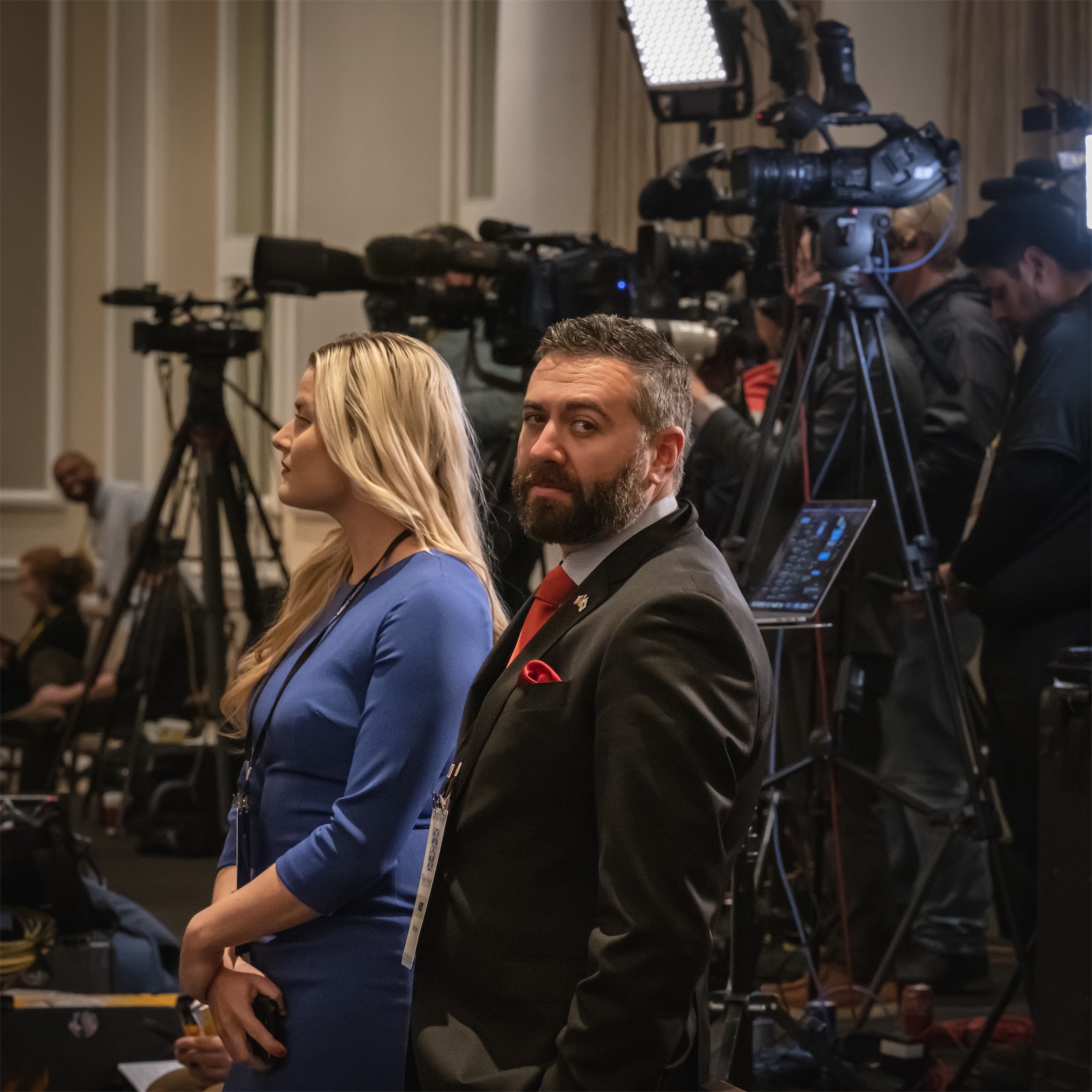 Matt Shupe and Daytona Everett on the press riser at an event